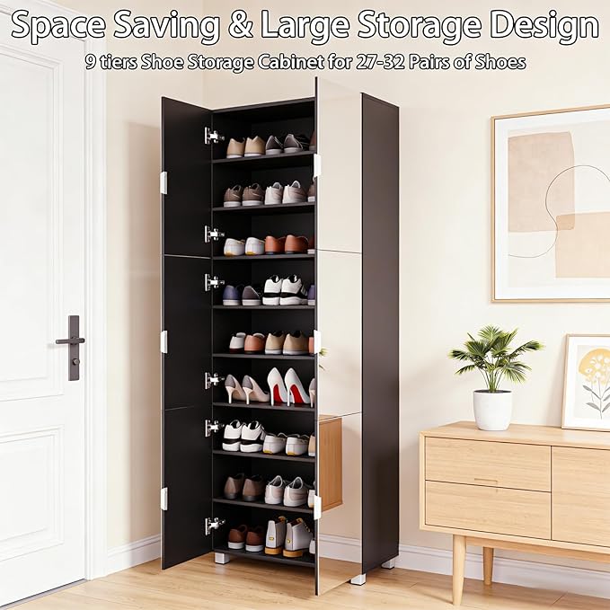 72''Mirror Shoe Cabinet with 6 Full-Length Mirrored Doors, Mirrored Shoe Storage Cabinet Holds 32 Pairs, Tall Shoe Cabinet with Doors and Vented Back for Entryway Hallway Apartment (Classic Black)