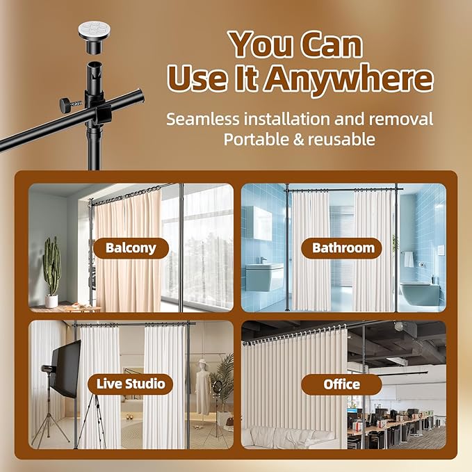 Room Divider No Drilling Curtain Rod Wall Divider for Room Separation, 4-10ft(H) 28-70inch(W) Adjustable,Heavy Duty Floor to Ceiling Portable Hanging Wall Divider for Space Partitions,Black