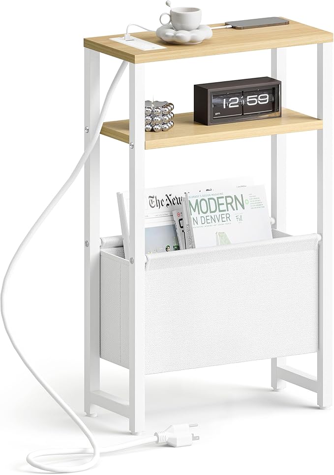 Narrow Side Table with Charging Station, Slim End Table with Magazine Rack, Bedside Table for Small Spaces, 3 Tier Sofa Couch Table Nightstand for Living Room, Bedroom, Black LET503BE