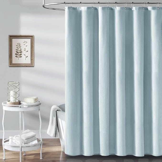 BTTN Stall Fabric Shower Curtain - 54x78 Inch Long Linen Textured Heavy Duty Shower Curtain Set with 10 Plastic Hooks, Narrow Neutral Outdoor Weighted Waterproof Shower Curtains for Bathroom, Fog Blue