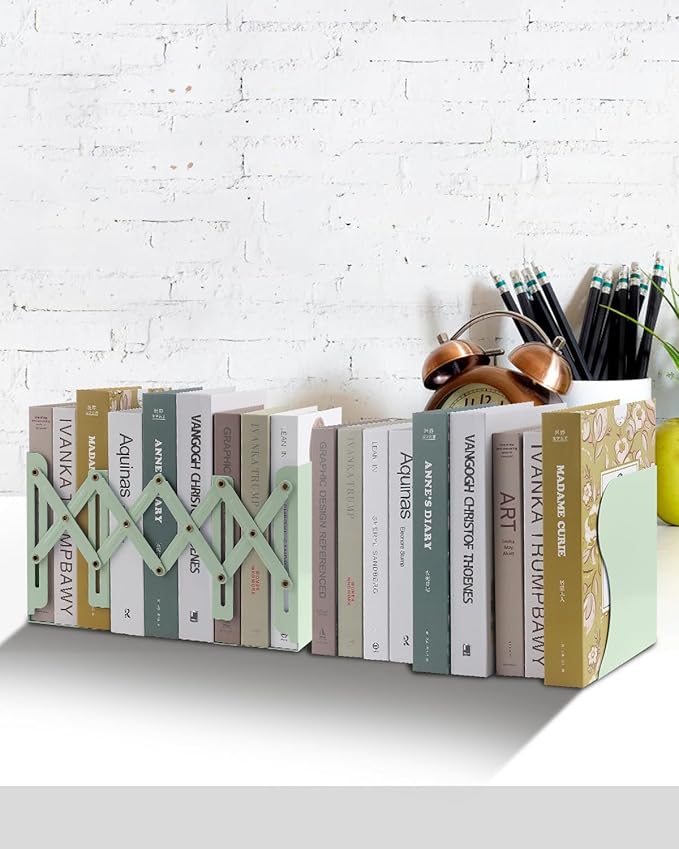 Honagu Adjustable Bookends, Metal Book Ends for Shelves Heavy Book, Desk Magazine File Organizer for Home, Office, Books, Papers, Extends up to 19 inches (Macaron Green)
