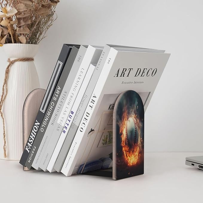 Baseball On Fire L-Shaped Book Ends 1 Pair Wood Bookends Sport Book End Supports for Heavy Book Shelf Holder Home Decorative