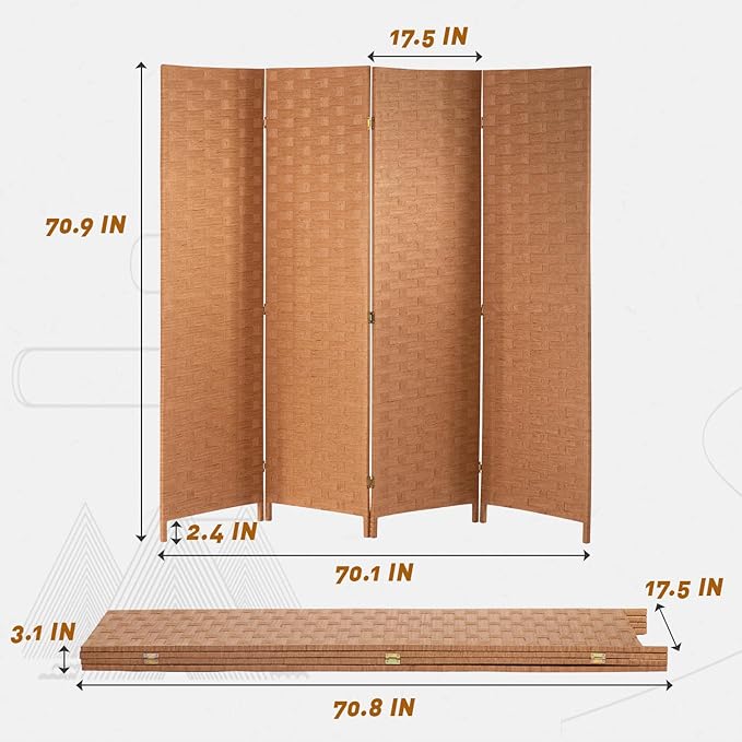 PayLessHere Room Divider 6FT Wood Mesh Hand-Woven Room Divider, 4-Panel Indoor Folding Portable Partition Screen,Natural