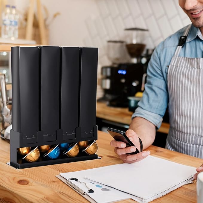1 Pack Pod Holder Countertop Compatible with Nespresso Vertuo Capsules 4 Box Coffee Pod Holder with Non Slip Steel Base Holds 40 Capsules Dispenses 4 Flavors