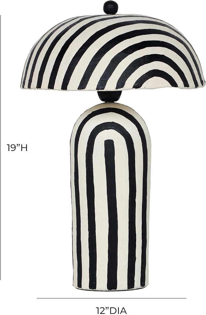 First of a Kind Striped Papier Mache Table Lamp in Black & Off-White - Living Room & Bedroom Lamp - Innovative Design with Domed Shade, Inline Switch, E26 Base, 12" W x 12" D x 19" H