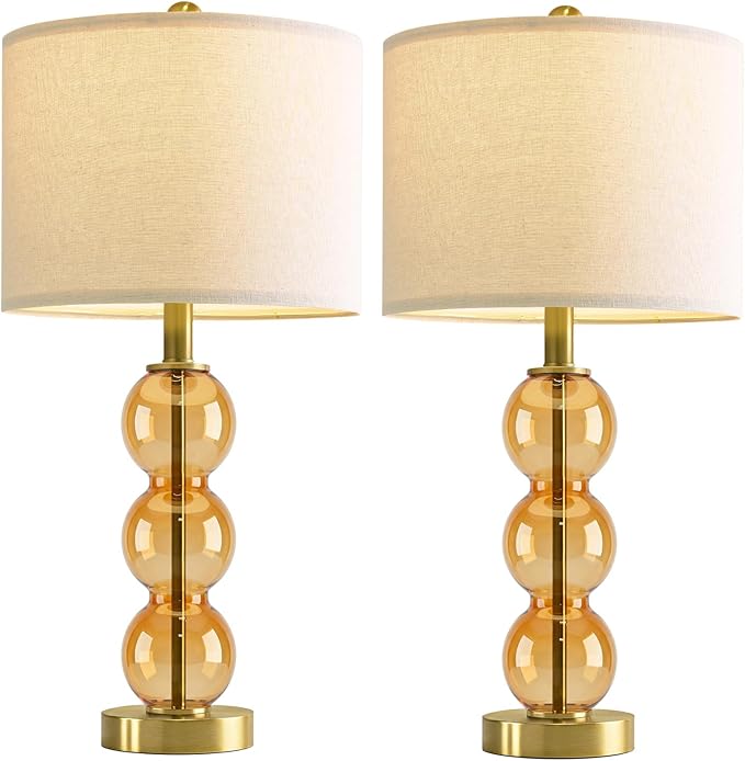 Oneach 25" Amber Glass Table Lamps for Living Room, Glass Modern Table Lamp Set of 2, USB Charging Ports, Linen Shade, Bedside Lamps for Bedroom, Nightstand, Side Table (Bulbs not Included)
