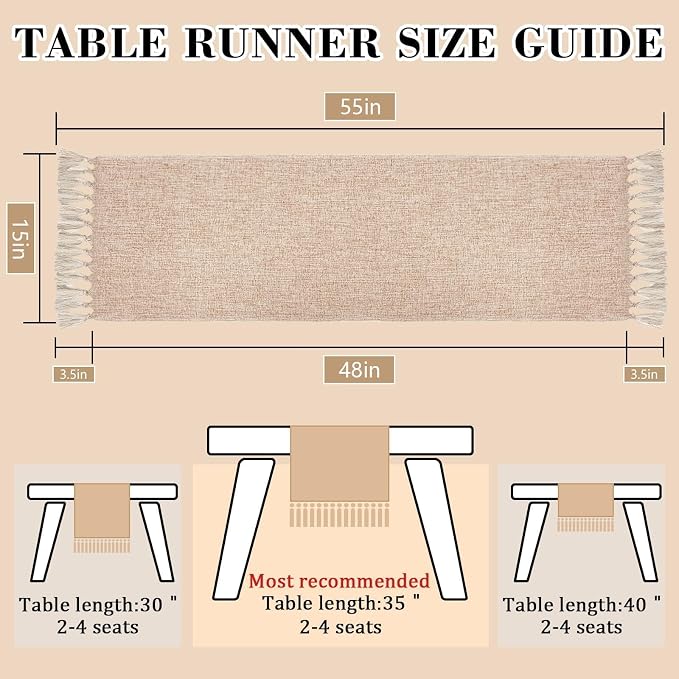 yuboo Boho Table Runner 48 Inches - Neutral Coffee Table Runner for Living Room, Summer Table Decor, Small Round Dining Table, Dresser Scarves (55" with Tassels)