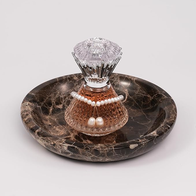 Brown Marble Jewelry Tray - Stone Trinket Ring Key Purse Holder Dish, Small Cute Round Plate Decorative Bowl for Nightstand Entryway Coffee Table Decor (5.5 inch)