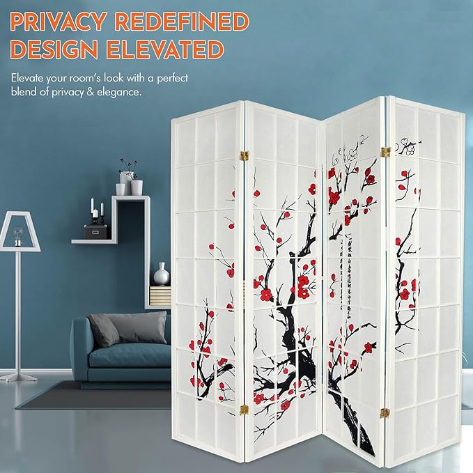 Legacy Decor 4-Panel Blossom Screen - Portable, Foldable Shoji Style Room Divider - Plum Blossom, Freestanding Room Privacy Dressing Screen - Temporary Wall Partition for Home, Office & Studio - White