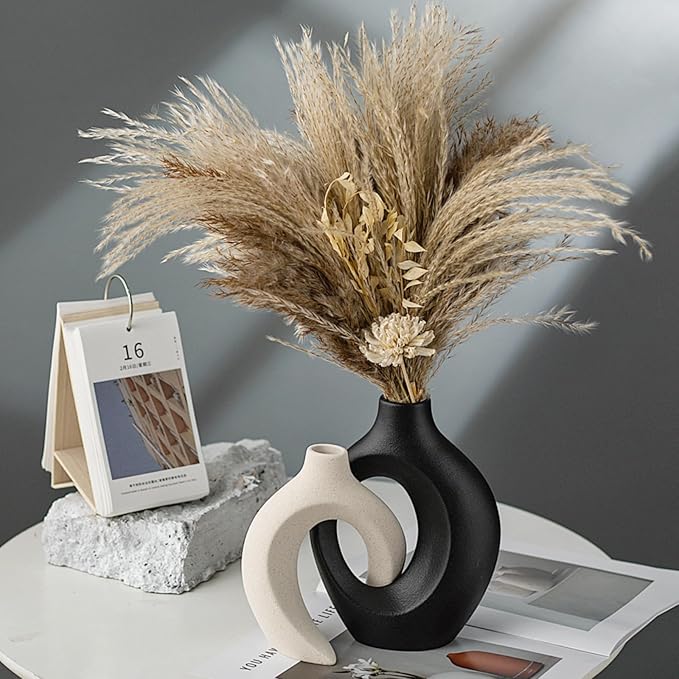 Black and Off-White Hollow Ceramic Vase Set of 2, Nordic Minimalist Aesthetic Snuggle Vases for Table Centerpiece Dining Living Room Book Shelf Decoration (W 6.3" X H 8.4")