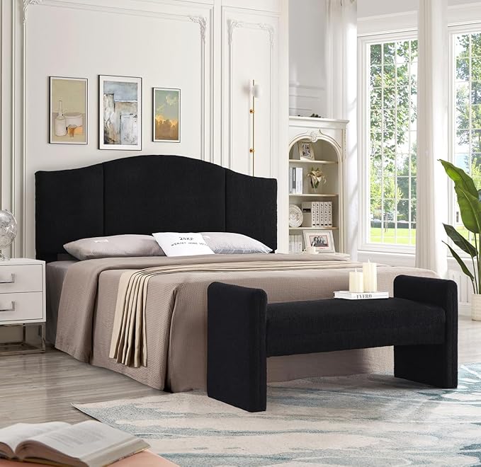 24KF Modern Upholstered Bed Bench Covered with Soft Boucle Teddy Fabric, Lovely Entryway Bench Ottoman with Armrest, 5062-Black