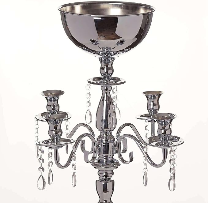 Efavormart 33" Silver Metal 4 Arm Candelabra Votive Candle Holder, Flower Vase Bowl