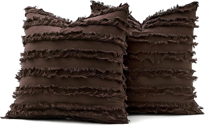 MIULEE Decorative Boho Throw Pillow Covers Set of 2 Dark Brown Chocolate Modern Linen Striped Jacquard Pattern Farmhouse Neutral Cushion Covers for Sofa Couch Living Room Bedroom 18x18 Inch Home Decor