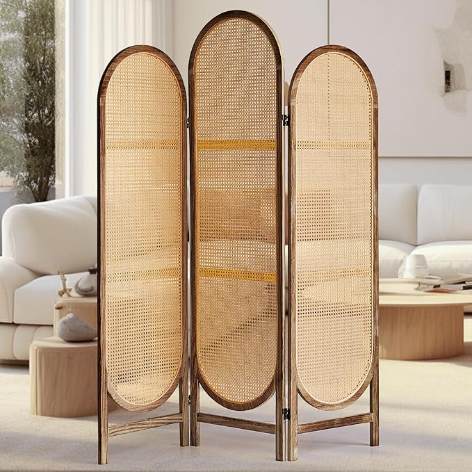 Wood Room Divider 3 Panels, Folding Rattan Room Divider Wall, Unique Design Folding Portable Partition Screen, Foldable Privacy Screen Wall Divider for Home Office Restaurant Bedroom (Brown)