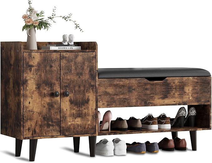 ZOPEND 50" Entryway Shoe Bench with Hidden Storage,Shoe Organizer Storage Bench with Shelf and Cabinet Entryway Bench for Bedroom Living Room and Hallway
