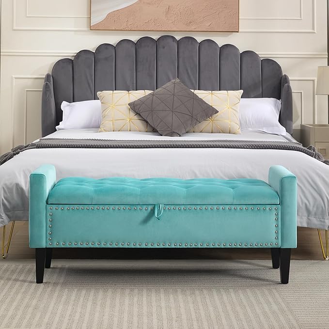 WUTUTUEE 47" Velvet Storage Bench, Upholstered Bed Bench with Storage, End of Bed Ottoman with Wooden Legs,Bedside Storage Bench for Bedroom, Living Room, or Entryway, Teal