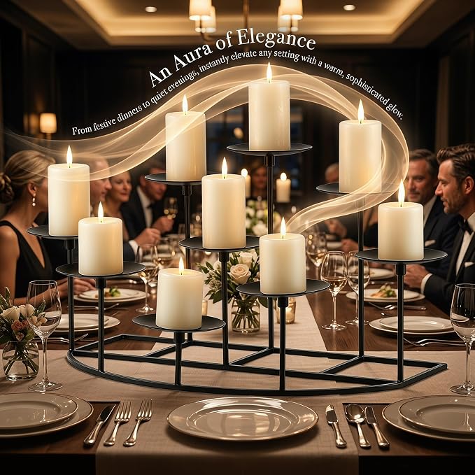 9-Tier Fireplace Candelabra Candle Holder, Modern Geometric Matte Black Metal Candle Stand with Stable Curved Base, 9 Pillar Candle Holder Centerpiece for Mantel, Table, Christmas, Wedding Decor