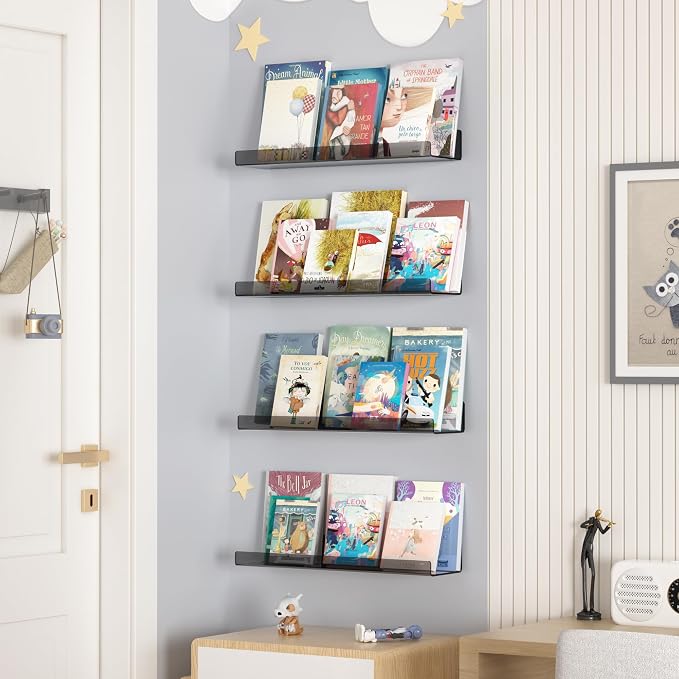 upsimples Acrylic Shelves for Wall Decor, 15" Display Shelf Perfume Organizer for Bathroom, Bedroom, Living Room, Floating Bookshelves for Kids, Clear Black, 4 Pack