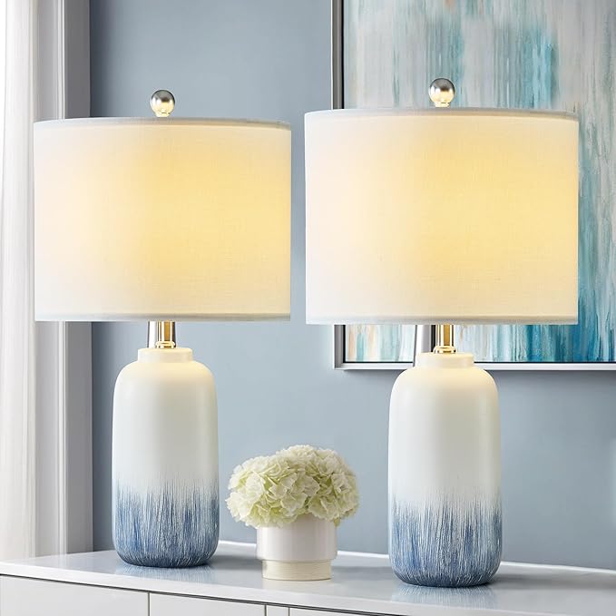 24" Blue Ceramic Table Lamps Set of 2, Modern Coastal Blue Bedside Nightstand Lamp for Living Room, 3 Way Dimmable End Table Lamps for Bedroom Office
