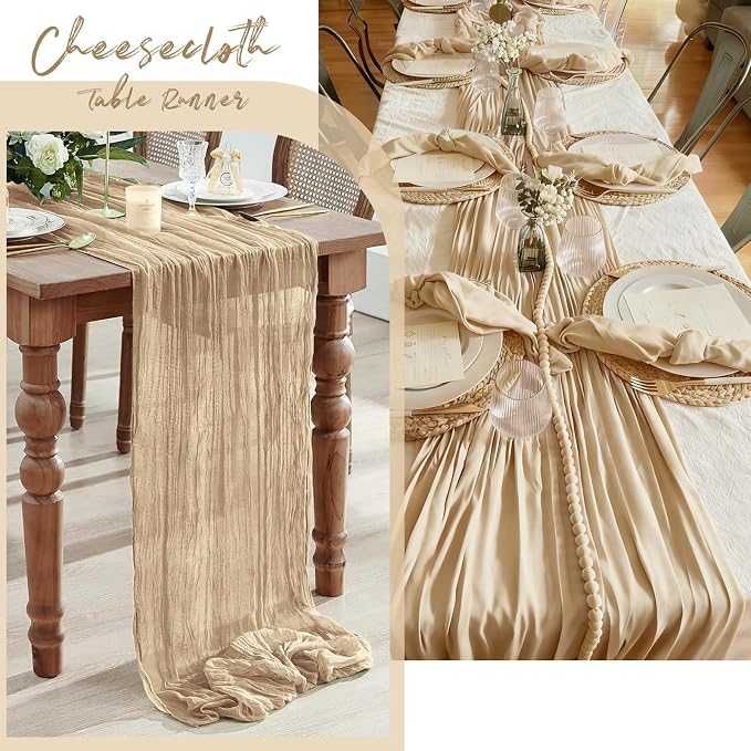 6 Pack Beige Cheesecloth Table Runner, 17 x 108 Inch, Gauze Cheese Cloth Table Runner Rustic Sheer Runner for Wedding Birthday Party Baby Shower Table Decor(Beige)
