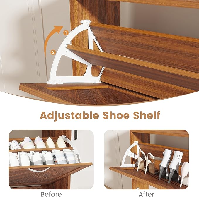 Shoe Cabinet Storage for Entryway, 40" Tall Narrow Wood Shoe Organizer with 2 Flip Drawers & Adjustable Shelves, Freestanding Hidden Shoe Storage Organizer for Entryway, Foyer, Hallway, Walnut