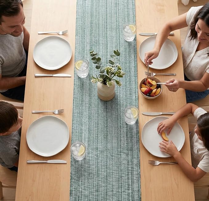 PurpleEssences Chambray Table Runner with Fringes - 100% Cotton, 13x72 Inch - Rustic Farmhouse Table Décor, Reusable, Machine Washable for Dining Tables - Spring Easter Summer - Forest Green & H.White