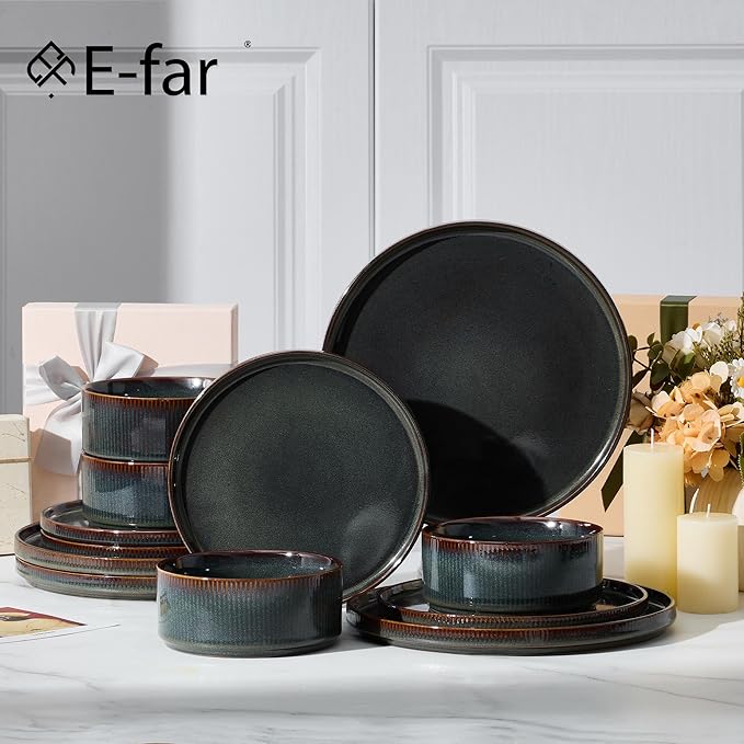 E-far 24-Piece Stoneware Dinnerware Sets, Plates and Bowls Sets for 8, Kitchen Modern Dinning Porcelain Dishes Set, Chip & Scratch Resistant, Dishwasher & Microwave Safe, Blackish Green