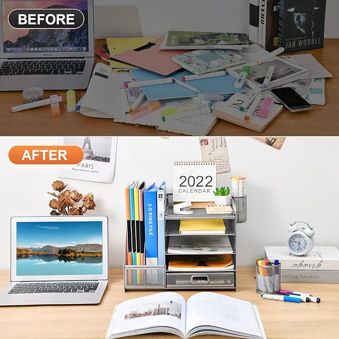 Marbrasse Desk Organizer with File Holder, 5-Tier Paper Letter Tray Organizer with Drawer and 2 Pen Holder, Mesh Desktop Organizer and Storage with Magazine Holder for Office Supplies (Silver)
