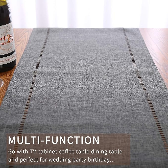 Tosewever Decorative Linen Table Runner Farmhouse Style Tabletop Collection 14 x 108 Inches Table Runners for Everyday Dining Wedding Party Holiday Home Decor (14" x 108", Grey/Straight)