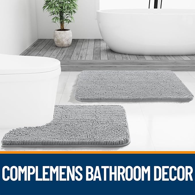 OLANLY Bathroom Rugs 35x24, Extra Soft Absorbent Chenille Bath Rugs, Rubber Backing Quick Dry, Machine Washable Bath Mats for Bathroom Floor, Tub and Shower, Home Decor Accessories, Light Grey