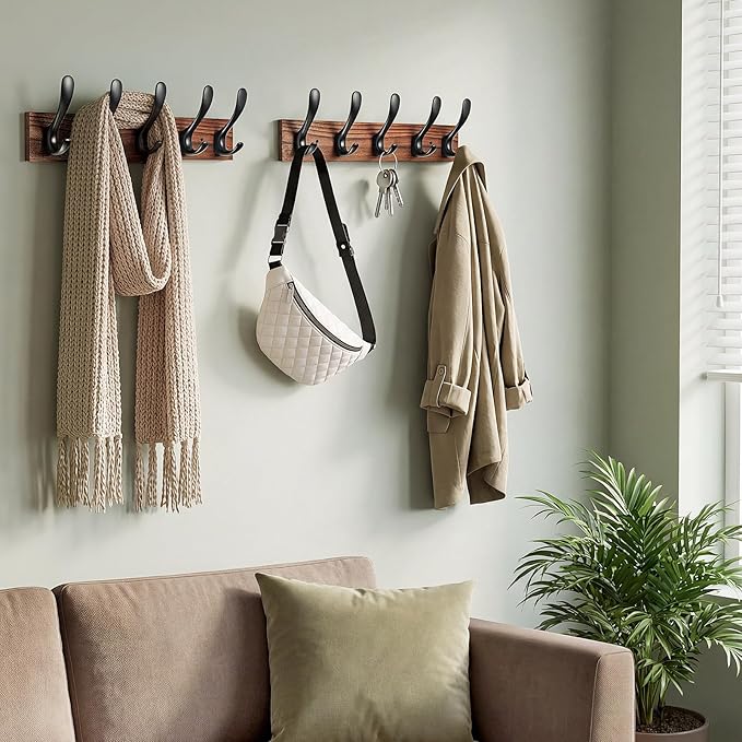 Coat Rack Wall Mount Natural Wood Plank with 5 Black Metal Hooks Hat Rack for Wal,l Hat and Towel Hanger for Hanging Coat, Bag, Key, Purse, Robe, for Entryway, Bedroom, Bathroom, Mudroom.
