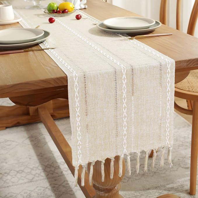 Yicorgard Boho Table Runner Rustic Style 13“ x 72”, Cream Braided Farmhouse Linen Table Runner 72 Inches Long with Tassels for Dining Room Kitchen