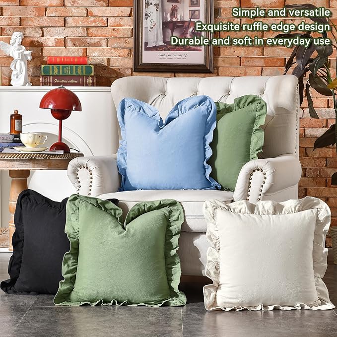 AmHoo Pack of 2 Throw Pillow Covers 100% Cotton Pre Washed Ruffle Decorative Pillowcase Cushion for Couch Sofa Bedroom 18 x 18-Inch Sage Green