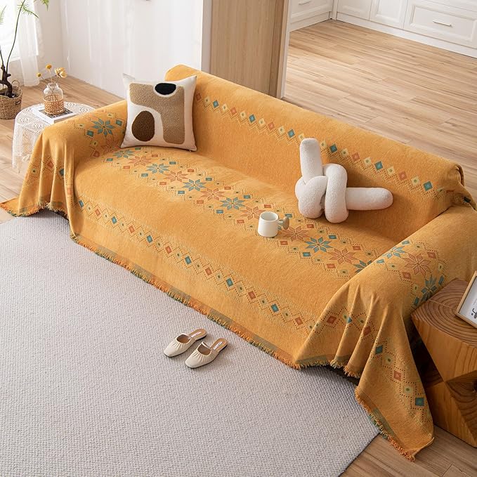 DREAMINGO Orange Boho Sofa Cover Chenille Couch Cover Blanket Vintage Bohemian Sofa Covers for 2 Cushion Couch Geometric Jacquard Sectional Couch Covers for Dogs Washable Loveseat Slipcover 71"x118"