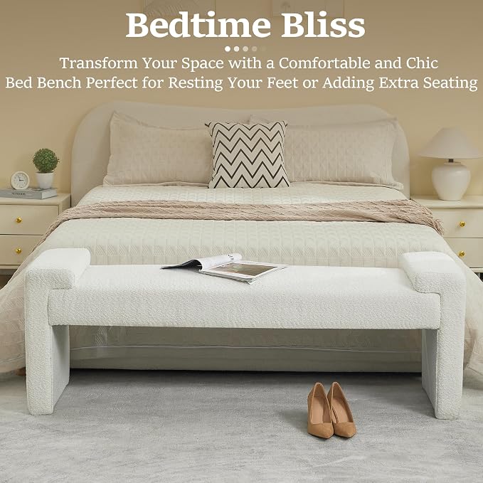 WUTUTUEE 58.7" End of Bed Bench Upholstered Modern Bedroom Bench for Living Room & Entryway, Easy Assembly, Footrest Ottoman Accent Window Bench with Solid Wood Frame & Curved Arm, White