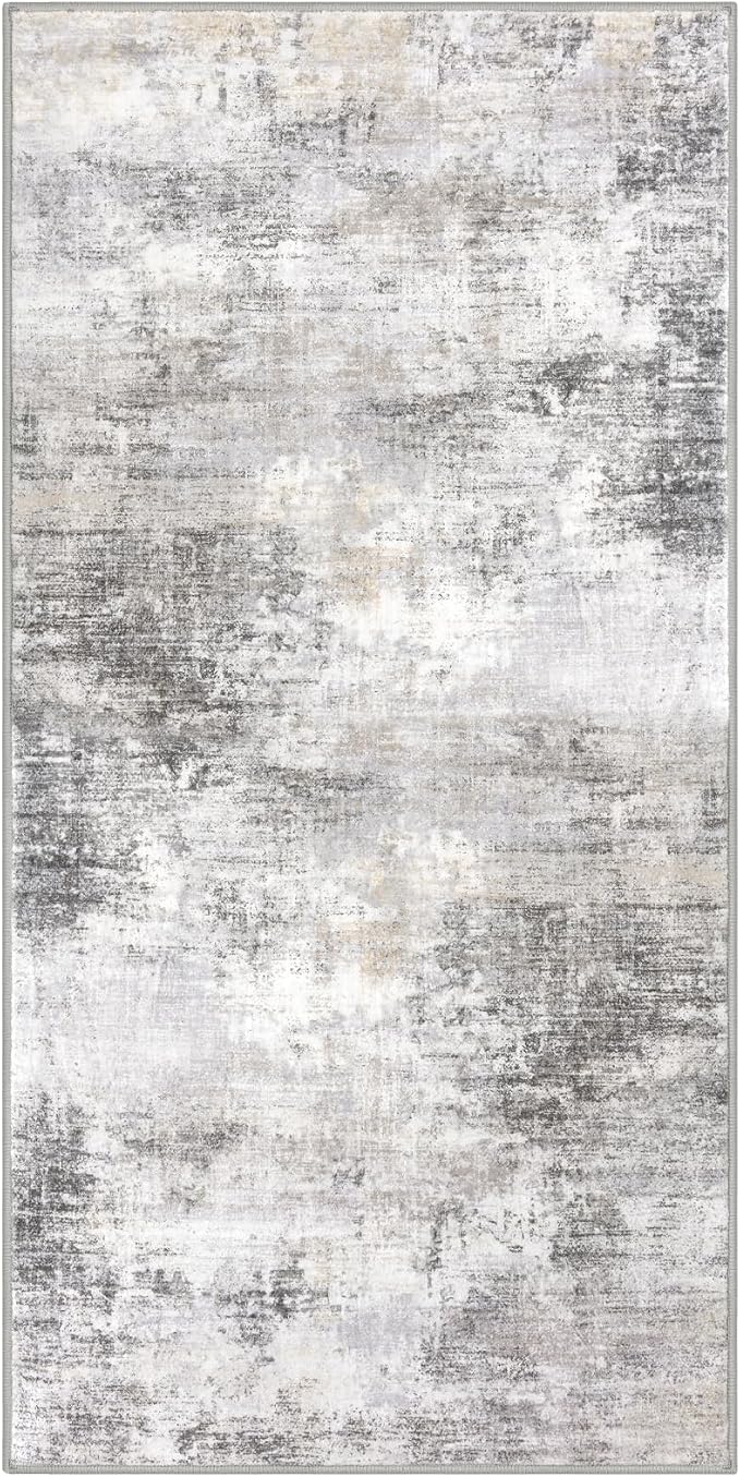 IOHOUZE Abstract Runner Rug 2x4 Ft Entryway Rugs Washable Door Mat Indoor Entrance, Rubber Backed Entryway Runners, Printed Faux Wool Non Slip Floor Carpet for Foyer Front Door Sink, Grey Beige