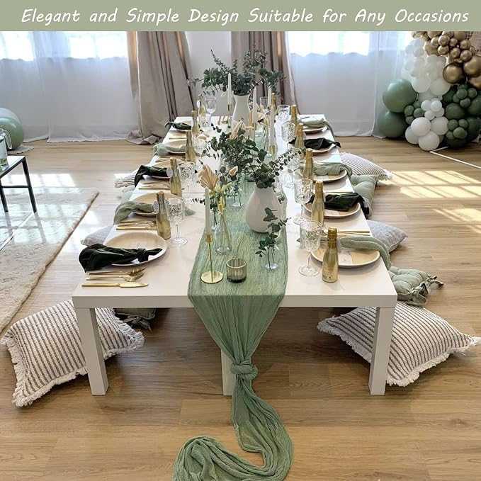 12 Pack 10Ft Cheesecloth Table Runner 35x120 Inch Boho Gauze Table Runner Cheese Cloth Long Romantic Table Runners for Wedding Bridal Shower Birthday Party Table Decor (Dusty Sage Green)
