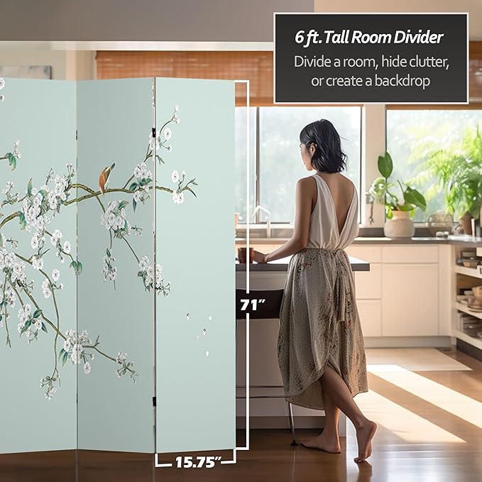Red Lantern 6 ft. Tall Double Sided Birds and Plum Blossoms Canvas Room Divider 4 Panel Freestanding Folding Privacy Screen Partition and Separator for Modern and Contemporary Bedroom Home Office Dorm