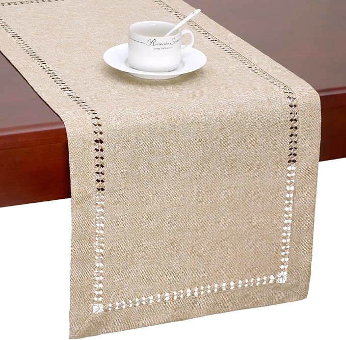 Grelucgo Handmade Hemstitch Beige Table Runner Or Dresser Scarf, Rectangular 14 by 54 Inch