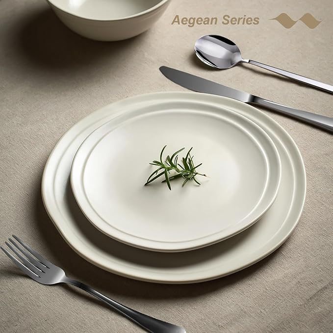 Famiware Aegean Dinnerware Set for 4, Plates and Bowls Sets, 12-Piece Stoneware Scratch Resistant Dinner Set, Handmade Irregular Round Dishes, Microwave and Dishwasher Safe, Matte White