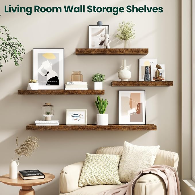 Floating Shelves for Wall 40 in x 9.3 in Deep, Wall Mounted Rustic Wood Shelf with Invisible Brackets for Storage & Display, Living Room Bedroom Bathroom, Brown, 2 Pack