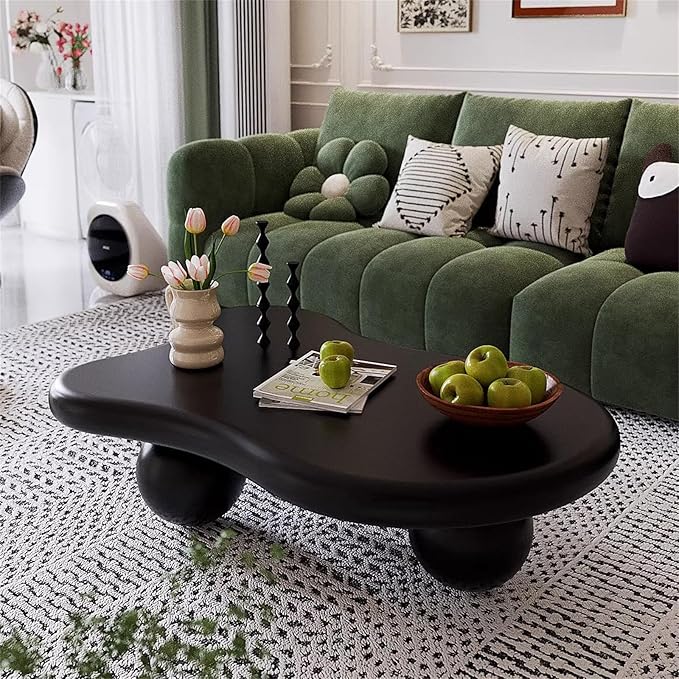 Cloud Coffee Table for Living Room with Round Corners Modern Style Center Table with 3 Ball-Shaped Legs Wood Tea Table for Small Space Apartment Easy Assembly (Black W48 * D36 * H14inch)