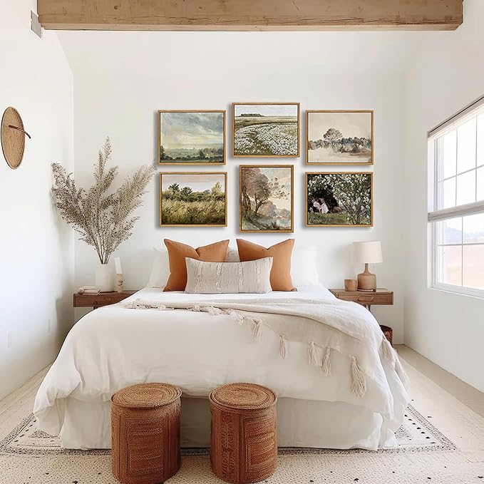 KBKBART Framed Canvas Wall Art, Vintage Meadow Landscape Wall Art Prints, Retro Country Wildflower Field Farmhouse Wall Decor Ready To Hang for Bedroom, Bathroom, Living Room, Kitchen, Vintage Room