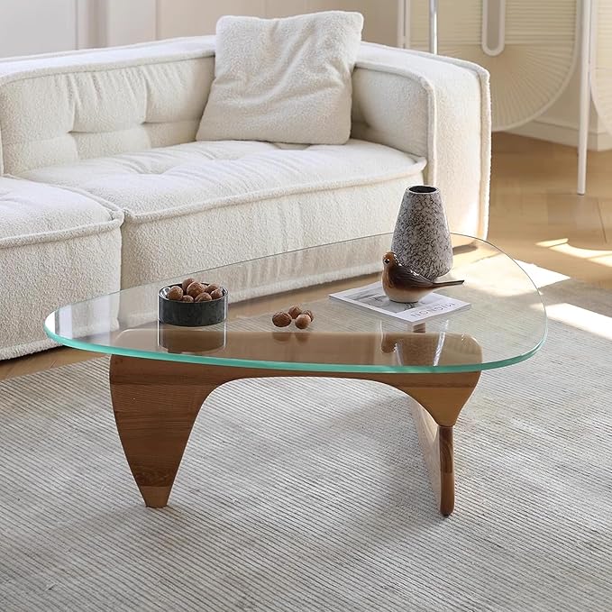 Modern Glass Coffee Table, 35.5″ Noguchi Coffee Table with Triangle Tempered Glass Top, Walnut Wood Base, Stable Funky Center Tables for Living Room, Apartment & Small Spaces