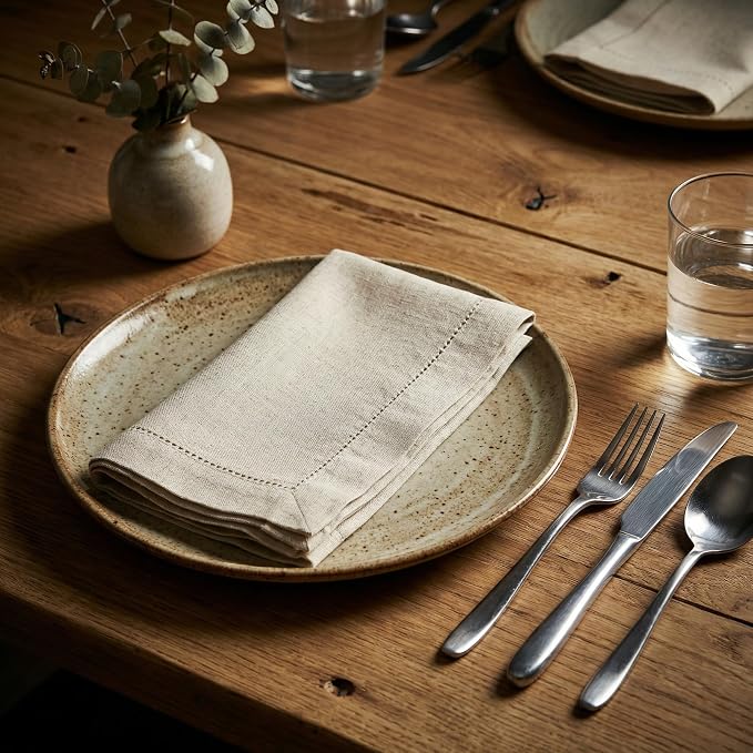 Flax Hemstitched Cloth Dinner Napkin Set of 4 Natural 20x20 Inches, Decorative Premium Cotton Linen Dinning Table Napkins Ideal for Mother's Day, Cocktail Party | Kitchen Napkin for Home Décor