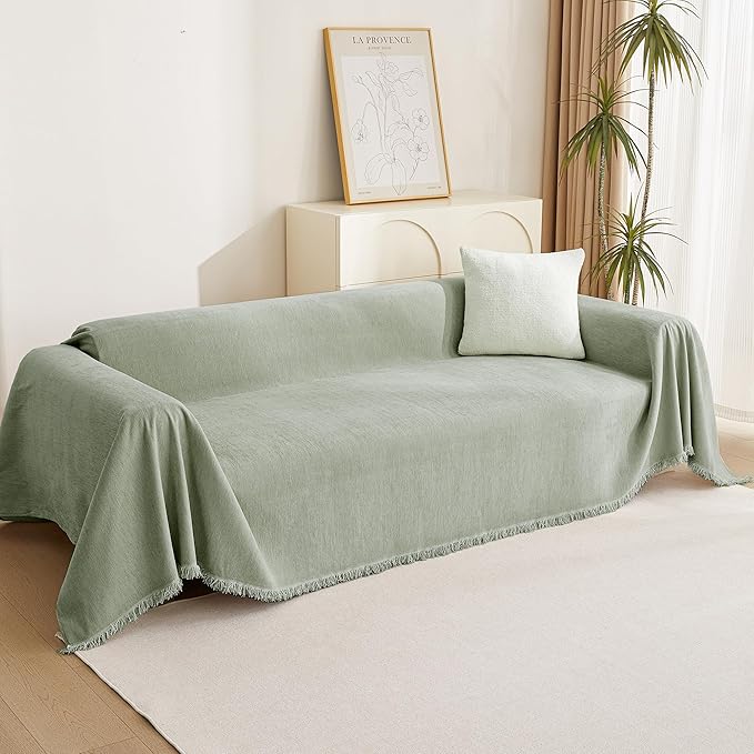 MYSKY HOME Chenille Sofa Slipcovers Sage Green Sofa Covers with Tassel Edge L Shaped Sectional Couch Covers for 3 Cushion Couch, Washable Thick Durable Furniture Protector for Dogs Kids 71"x 134"