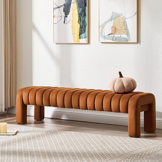 63" Bedroom Bench, Upholstered Entryway Bench, Modern End of Bed Ottoman with Solid Wood Legs and Adjustable Foot Pegs for Entryway, Dining Room and Living Room (Brown Velvet)