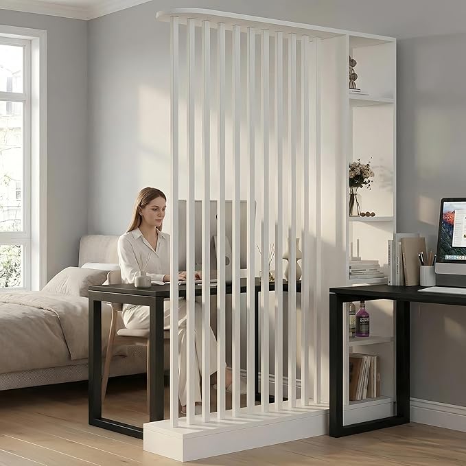 Wall Room Divider, Freestanding Wood Room Divider Shelf with Shelves, Divider Screen Separator Screen with Storage, Wall Divider for Room Separation, for Home Office (White, 55.1x9.4x78.7in)