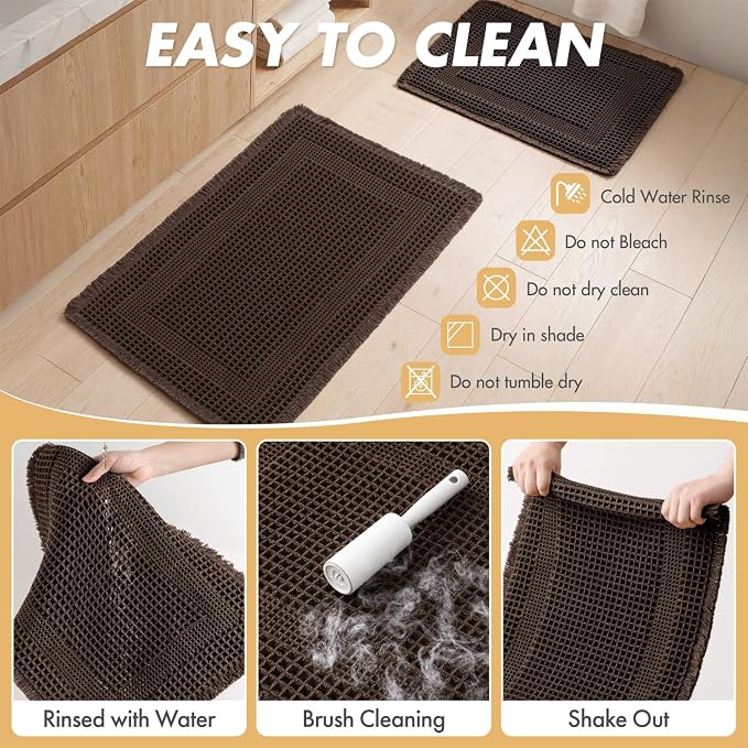 MIULEE Set of 2 Waffle Bathroom Rugs, Boho Bath Rug Super Absorbent, Non Slip Washable Ultra Soft Rubber Backed Shower Bath Mats for Floor, Tub, Shower, Looped Design, Chocolate, 18x30 Inch