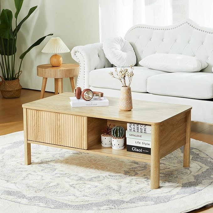 Rectangle Fluted Coffee Table with Storage and Sliding Drawers, Light Wood Coffee Table, Mid Century Modern Cofee Table Boho Style, Low for Living Room/Bedroom/Office (Natural)